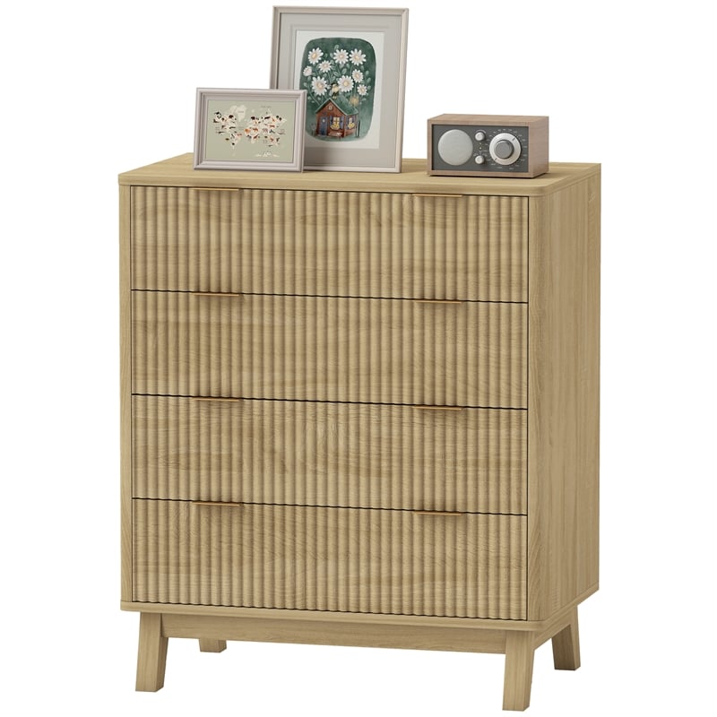 4-Drawer Fluted Dresser Natural Solid Wood Chest with Gold Pulls