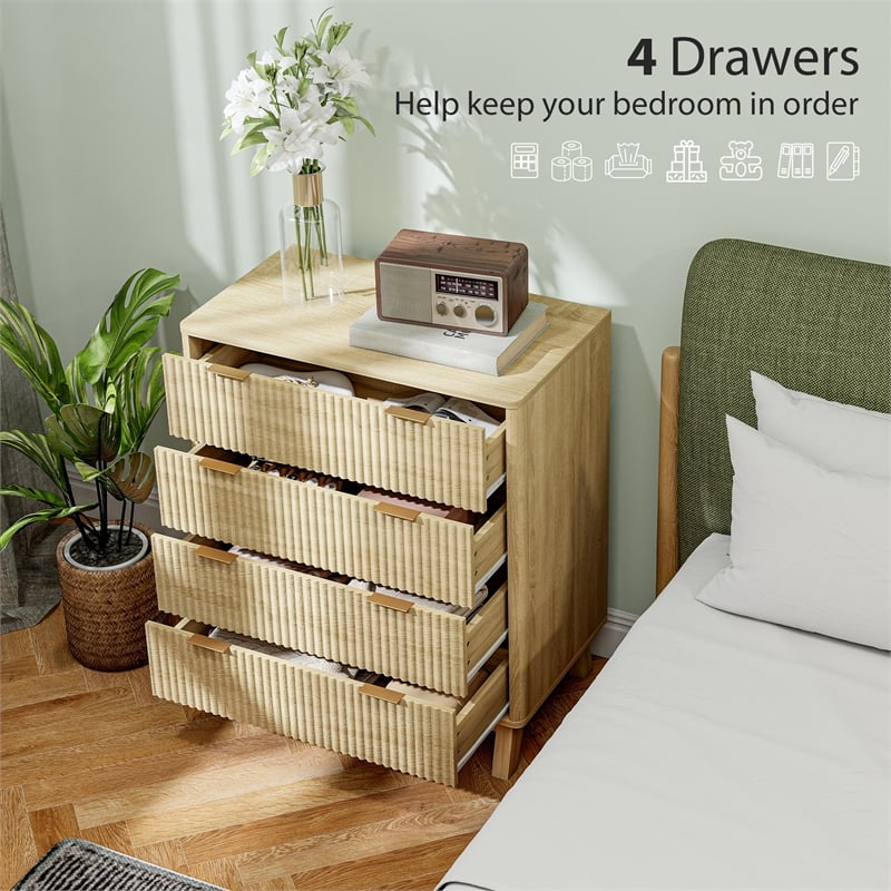 4-Drawer Fluted Dresser Natural Solid Wood Chest with Gold Pulls