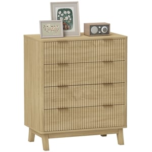4-Drawer Fluted Dresser Natural Solid Wood Chest with Gold Pulls