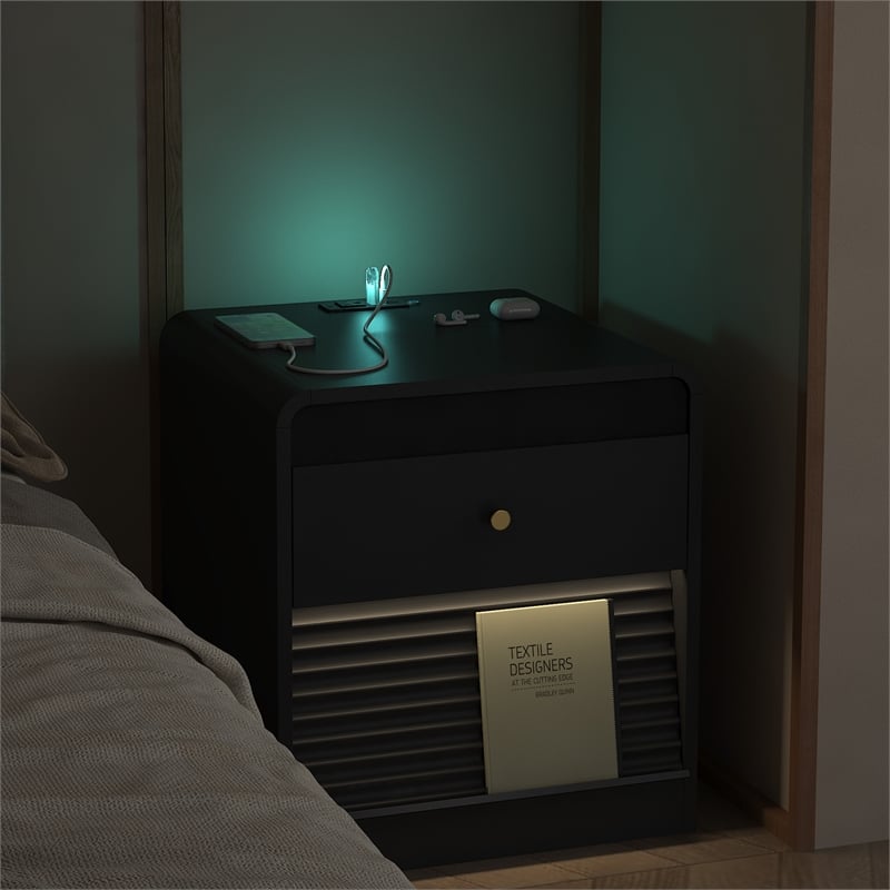 Smart Solid Wood Nightstand with Charging Station LED Lights and Storage