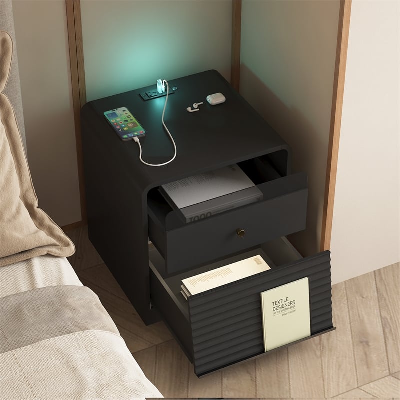 Smart Solid Wood Nightstand with Charging Station LED Lights and Storage