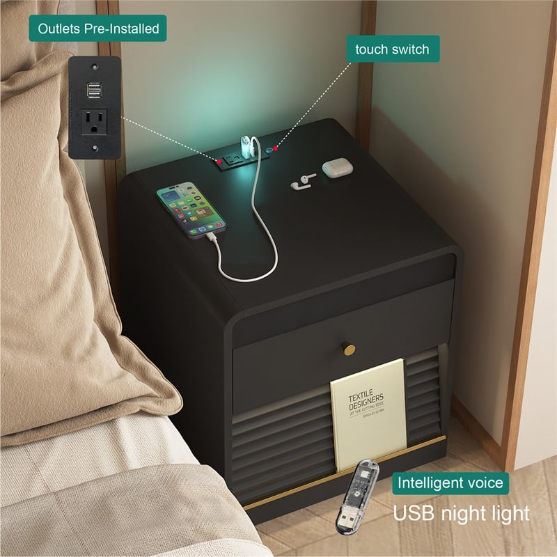 Smart Solid Wood Nightstand with Charging Station LED Lights and Storage