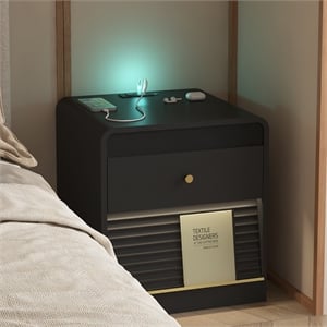 Smart Solid Wood Nightstand with Charging Station LED Lights and Storage