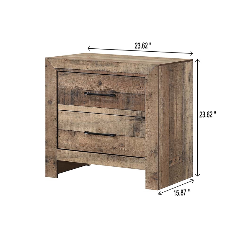 Rustic Natural Finish Solid Wood 2-Drawer Nightstand Plank Style Furniture