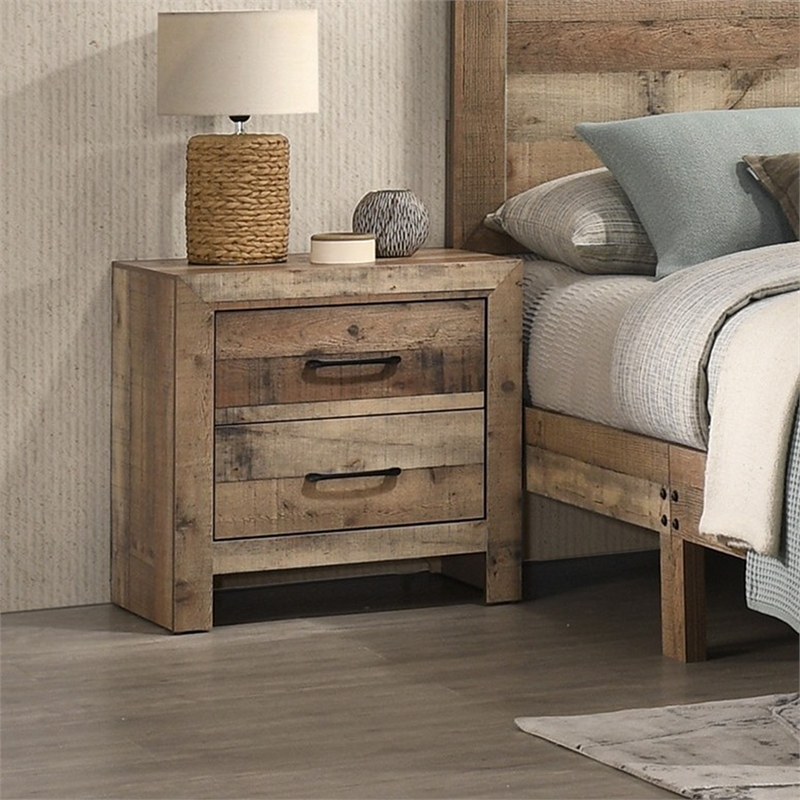 Rustic Natural Finish Solid Wood 2-Drawer Nightstand Plank Style Furniture