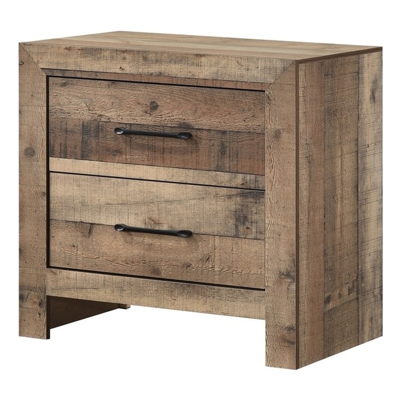 Rustic Natural Finish Solid Wood 2-Drawer Nightstand Plank Style Furniture