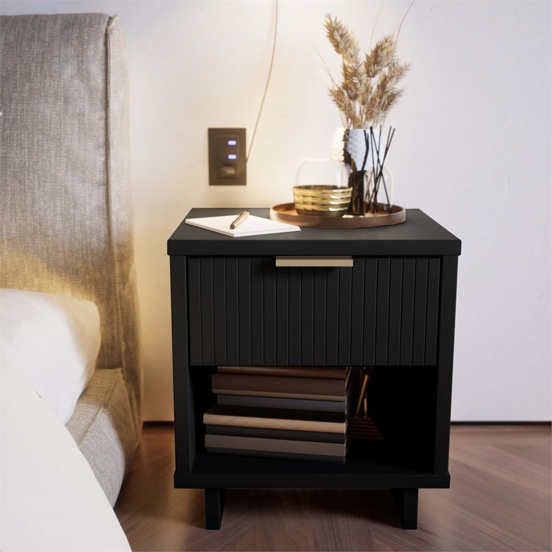 18  1-Drawer Solid Wood Nightstand Black
