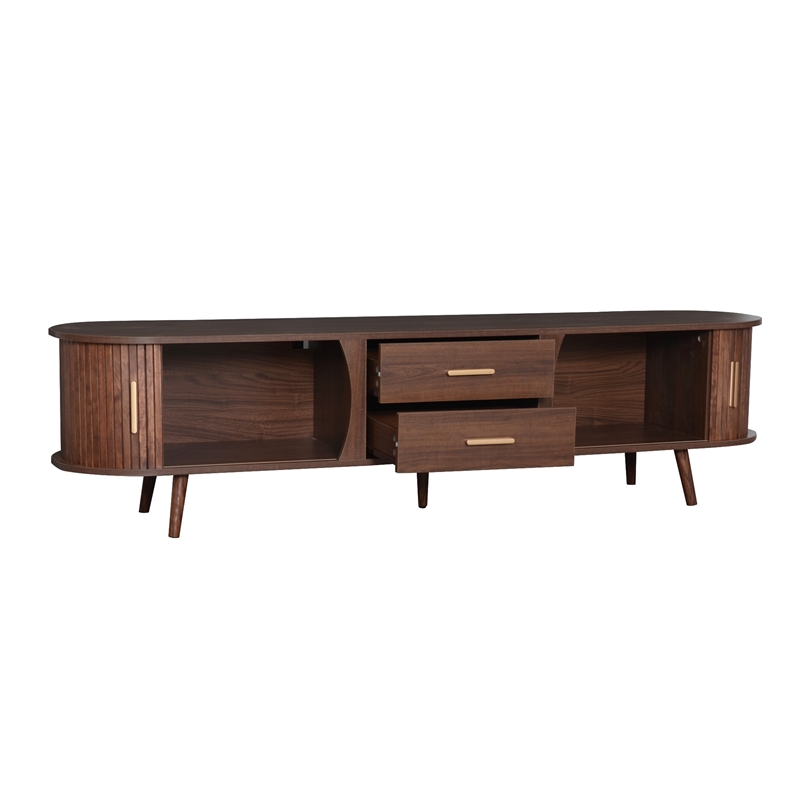Mid Century Modern  Solid Wood TV Stand for 80 Inch TVs Dark Brown with Storage