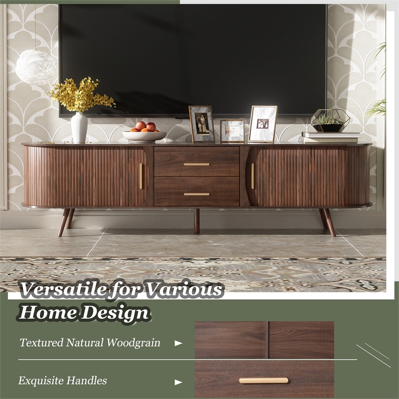 Mid Century Modern  Solid Wood TV Stand for 80 Inch TVs Dark Brown with Storage