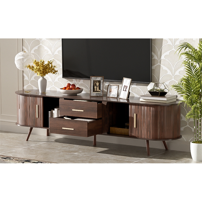 Mid Century Modern  Solid Wood TV Stand for 80 Inch TVs Dark Brown with Storage