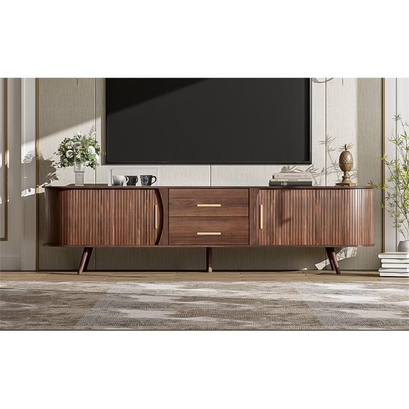 Mid Century Modern  Solid Wood TV Stand for 80 Inch TVs Dark Brown with Storage