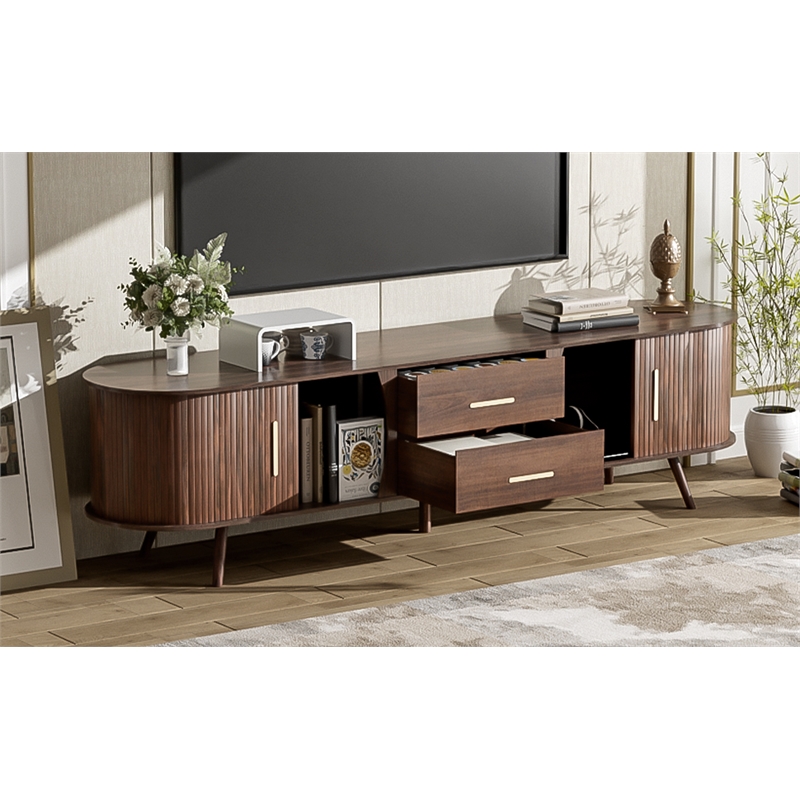 Mid Century Modern  Solid Wood TV Stand for 80 Inch TVs Dark Brown with Storage