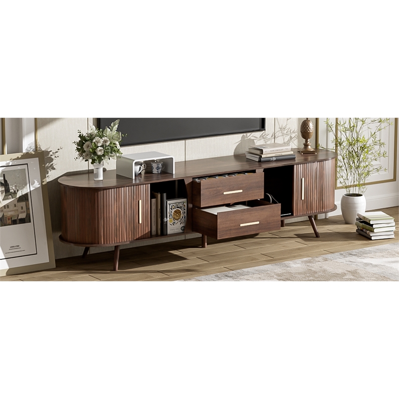 Mid Century Modern  Solid Wood TV Stand for 80 Inch TVs Dark Brown with Storage