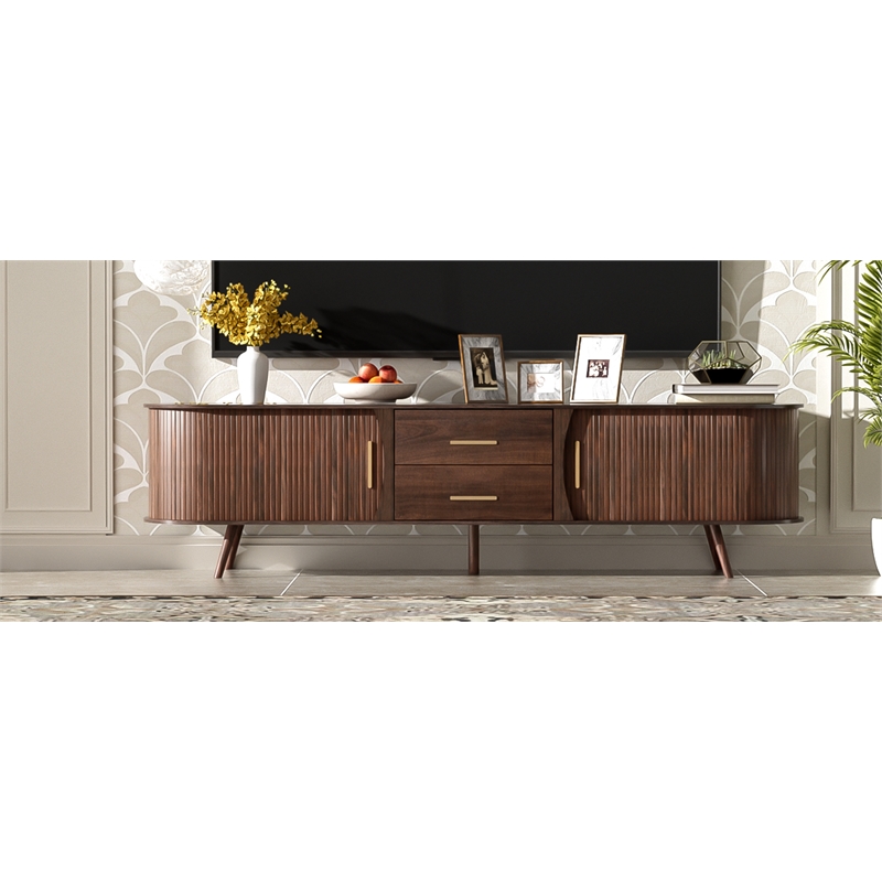 Mid Century Modern  Solid Wood TV Stand for 80 Inch TVs Dark Brown with Storage