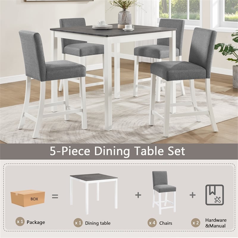 5 Piece Dining Table Set with 4 Upholstered Chairs Grey White Rubber Wood
