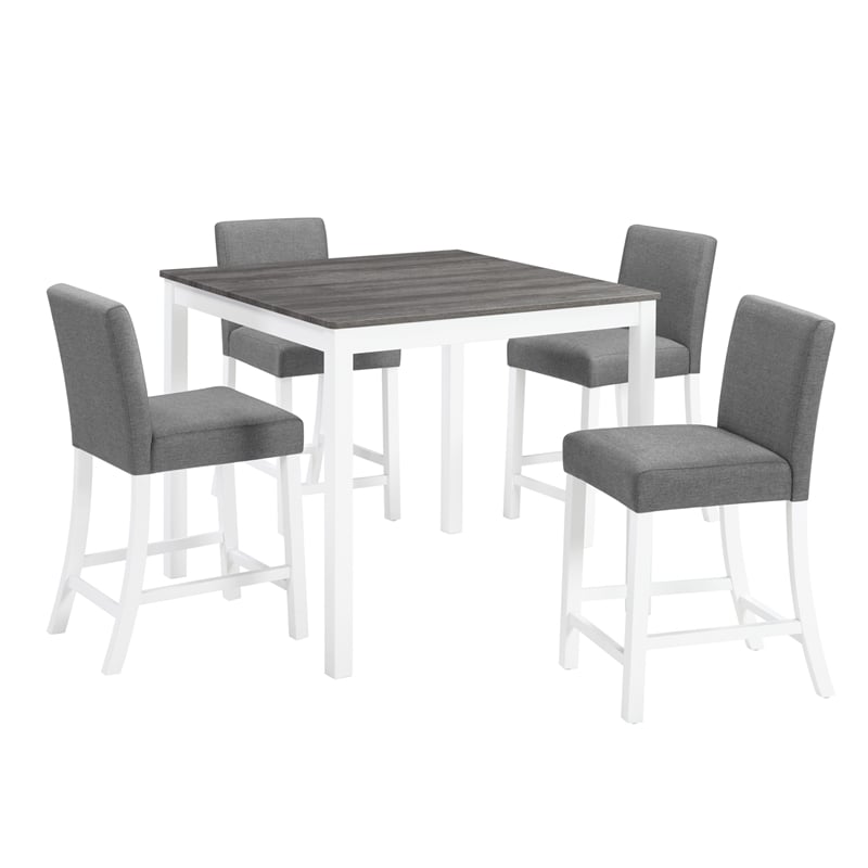 5 Piece Dining Table Set with 4 Upholstered Chairs Grey White Rubber Wood