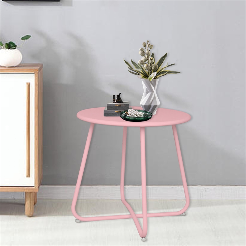 Pink Metal Outdoor Side Table 18 Inch Weather Resistant Patio Accent Table