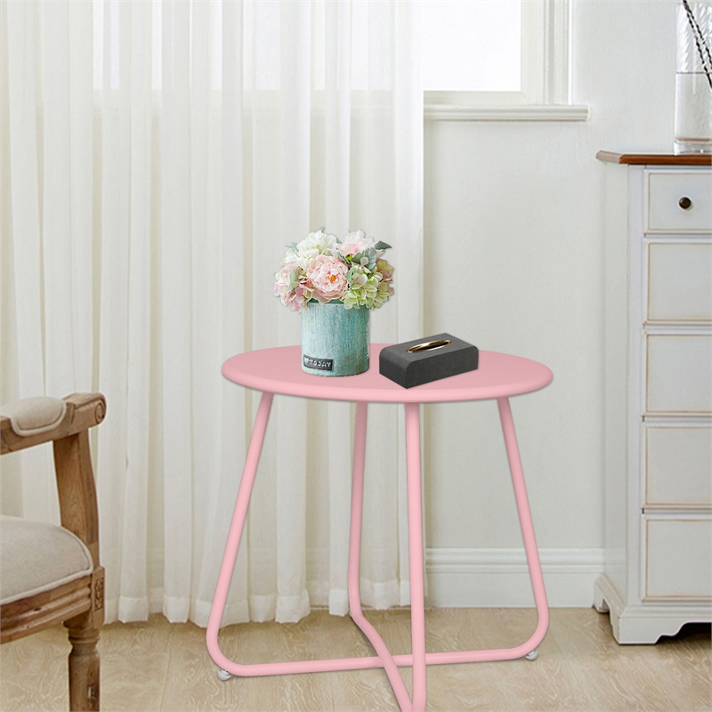 Pink Metal Outdoor Side Table 18 Inch Weather Resistant Patio Accent Table