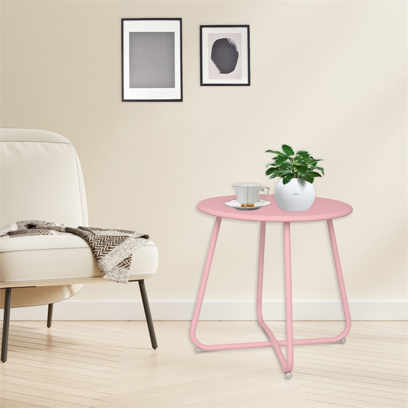 Pink Metal Outdoor Side Table 18 Inch Weather Resistant Patio Accent Table