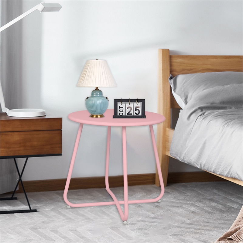 Pink Metal Outdoor Side Table 18 Inch Weather Resistant Patio Accent Table