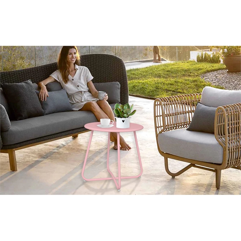 Pink Metal Outdoor Side Table 18 Inch Weather Resistant Patio Accent Table