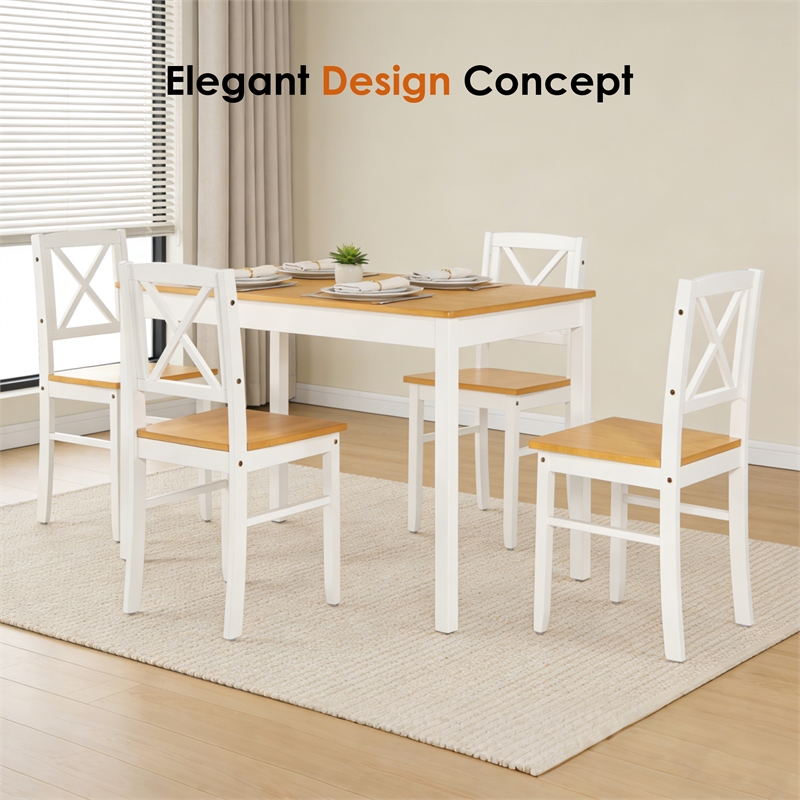 White 5 Piece Rubberwood Dining Set with 4 Chairs Kitchen Table Set