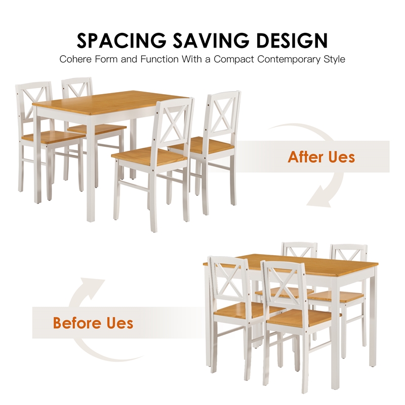 White 5 Piece Rubberwood Dining Set with 4 Chairs Kitchen Table Set
