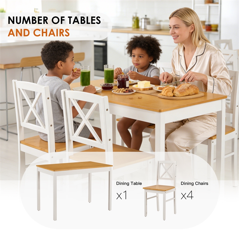 White 5 Piece Rubberwood Dining Set with 4 Chairs Kitchen Table Set