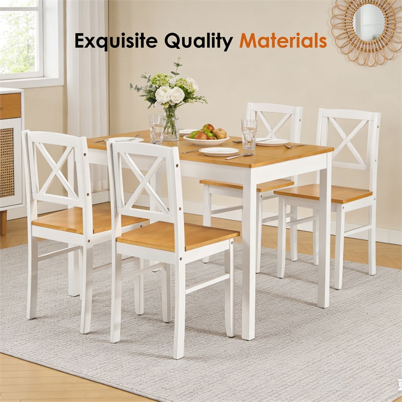 White 5 Piece Rubberwood Dining Set with 4 Chairs Kitchen Table Set