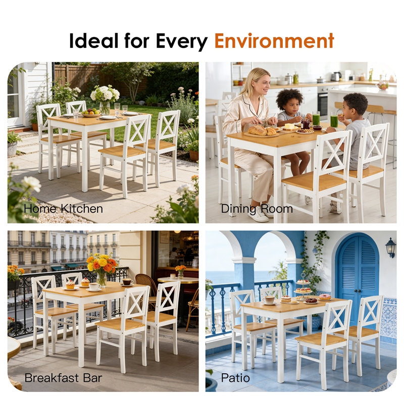 White 5 Piece Rubberwood Dining Set with 4 Chairs Kitchen Table Set