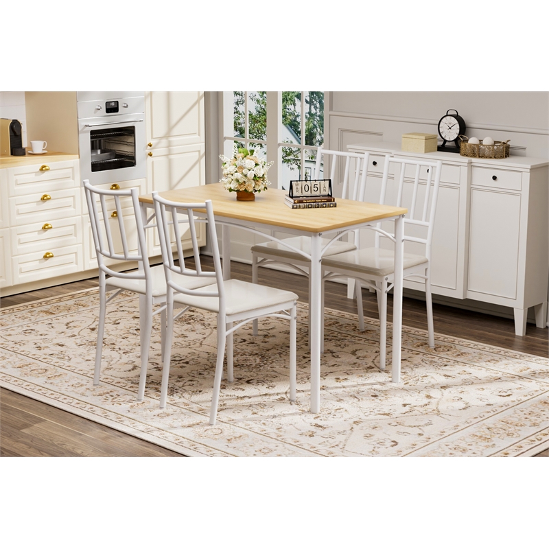 5-Piece Dining Table Set with 4 Benches White & Natural Particle Board