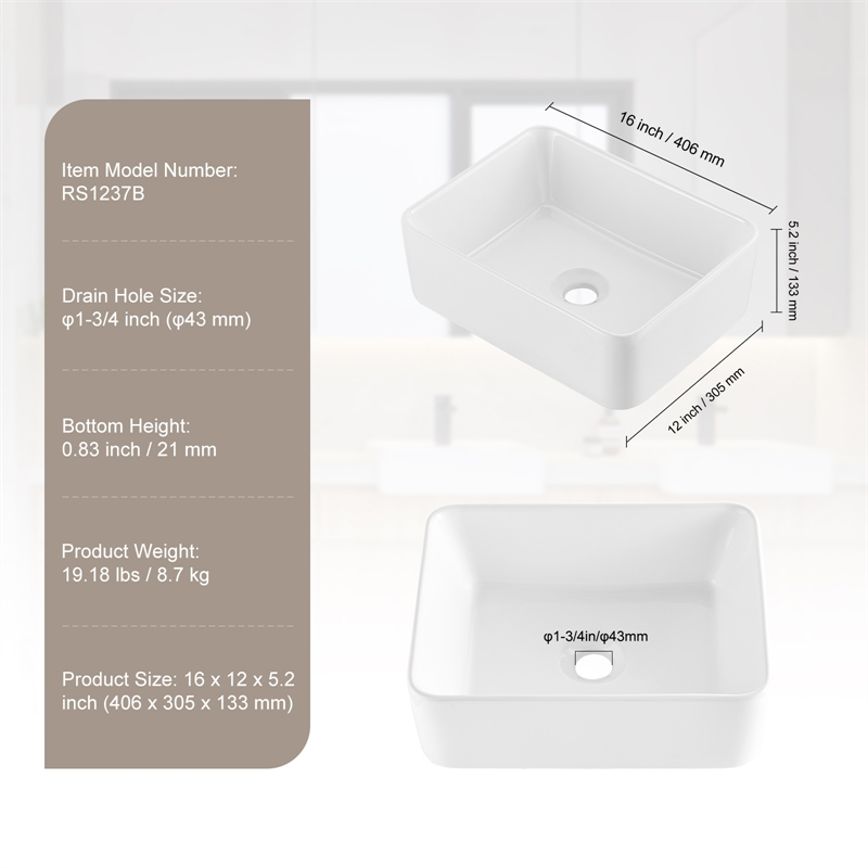 19x15  White Ceramic Rectangular Vessel Sink for Bathroom Vanity