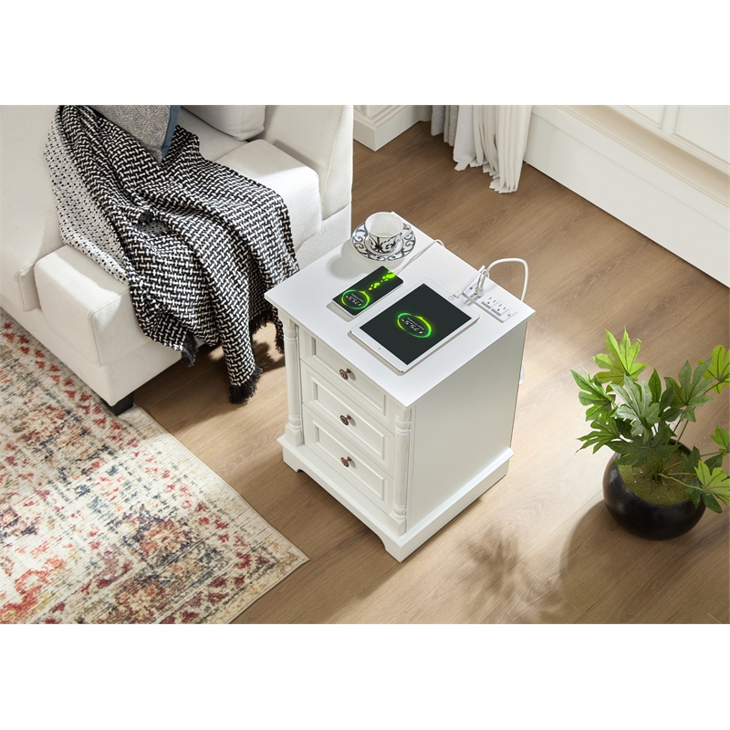 Farmhouse 3 Drawer Side Table Solid Wood Tall Nightstand with Charging Pedestal