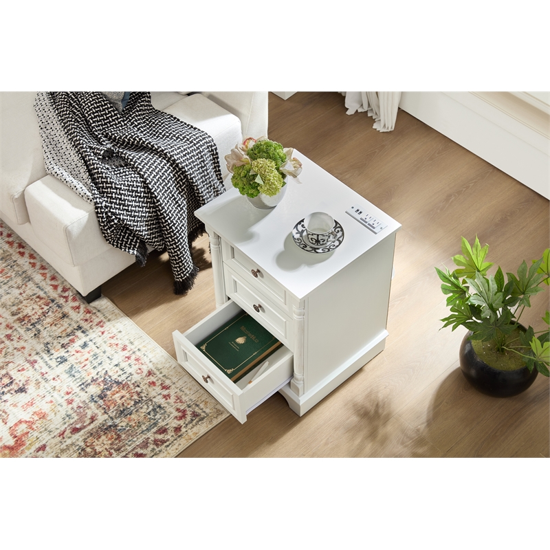 Farmhouse 3 Drawer Side Table Solid Wood Tall Nightstand with Charging Pedestal