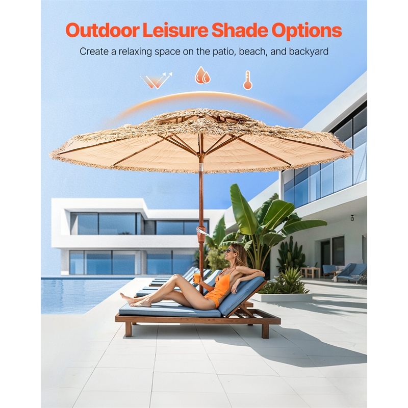 9 Ft Natural Thatched Patio Umbrella with Tilt & Crank No Base