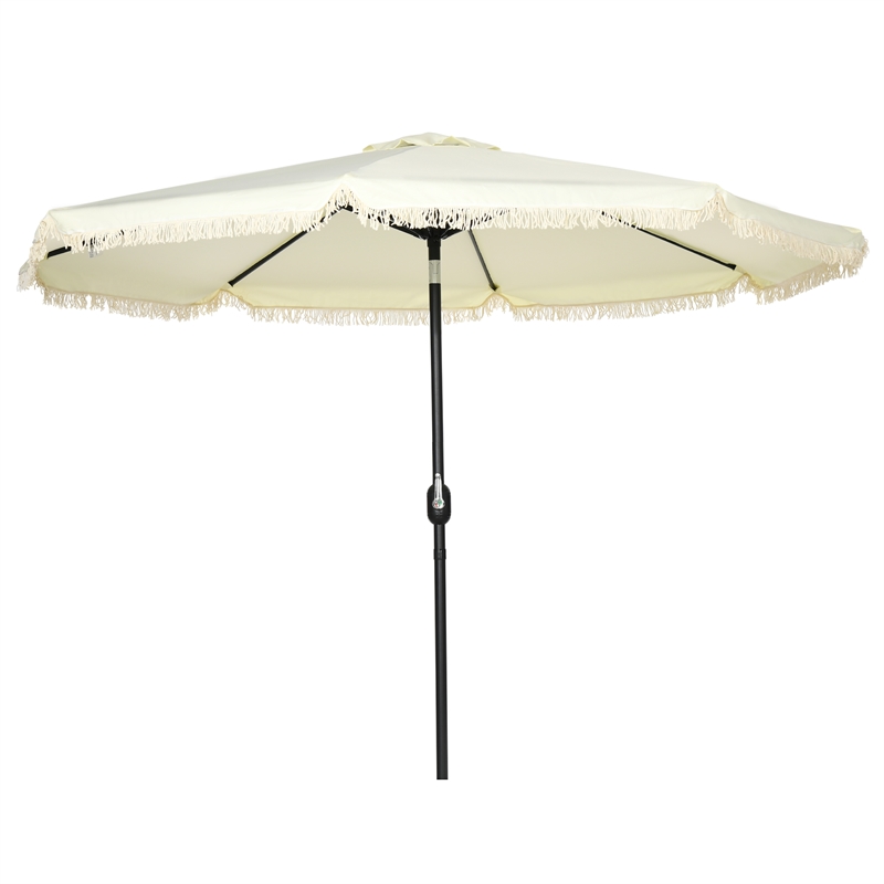 9ft Cream White Patio Umbrella with Tassels Tilt & Crank Polyester Canopy