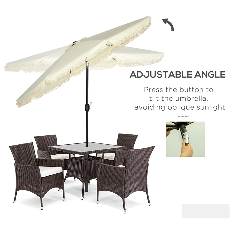 9ft Cream White Patio Umbrella with Tassels Tilt & Crank Polyester Canopy