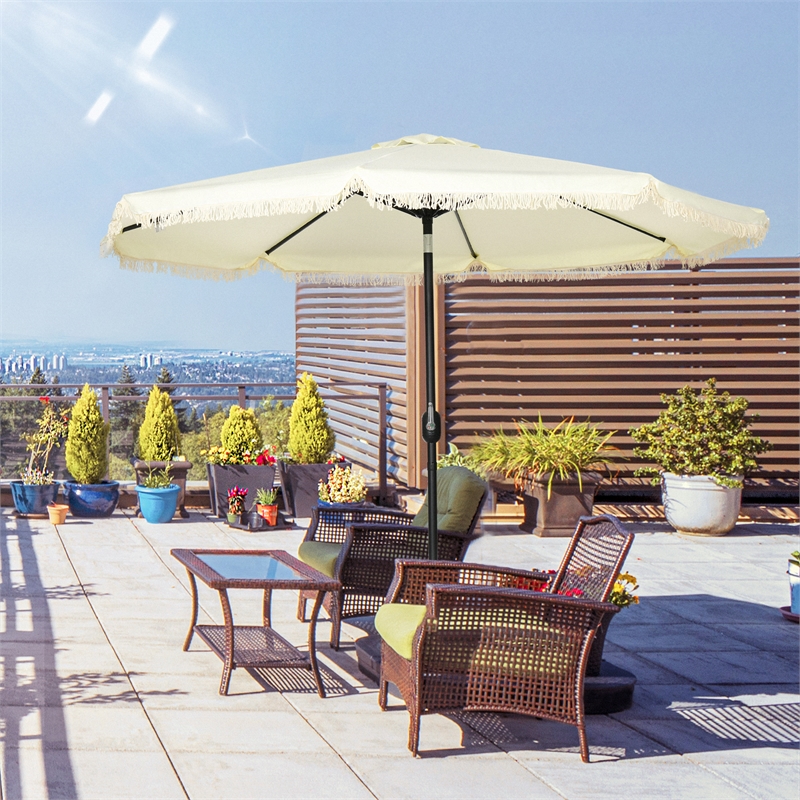 9ft Cream White Patio Umbrella with Tassels Tilt & Crank Polyester Canopy