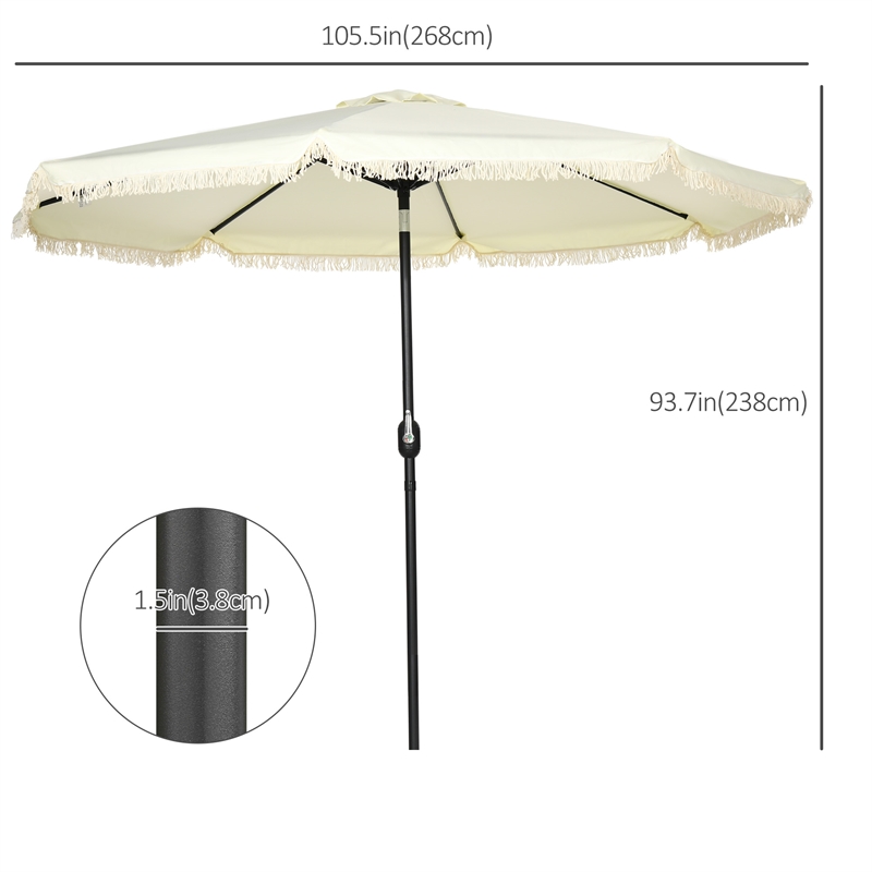 9ft Cream White Patio Umbrella with Tassels Tilt & Crank Polyester Canopy
