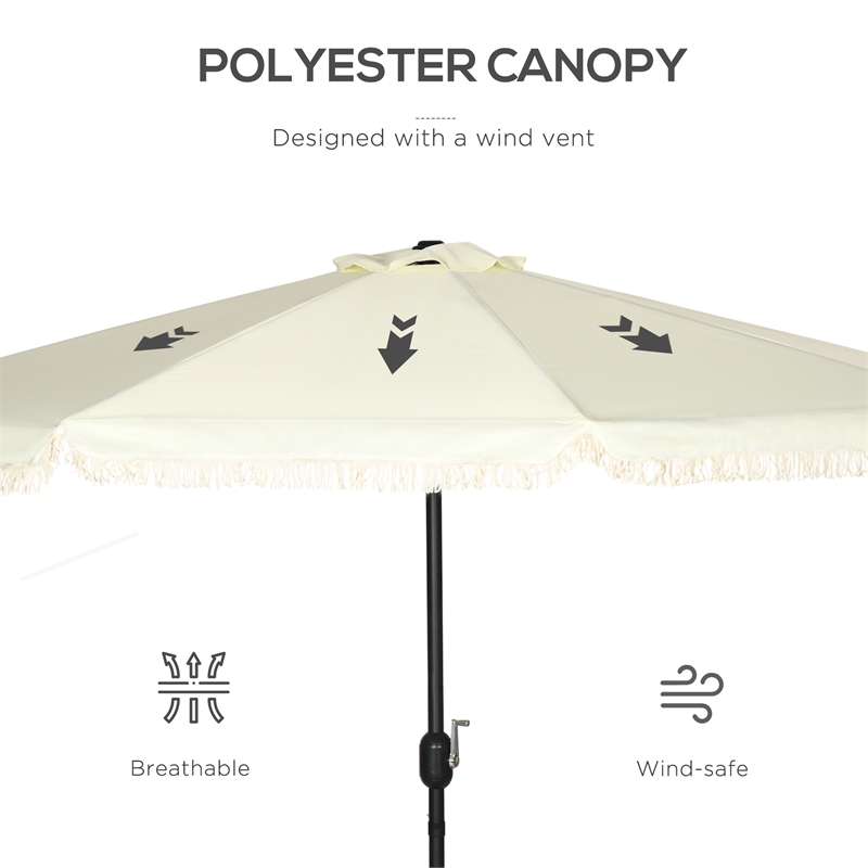 9ft Cream White Patio Umbrella with Tassels Tilt & Crank Polyester Canopy