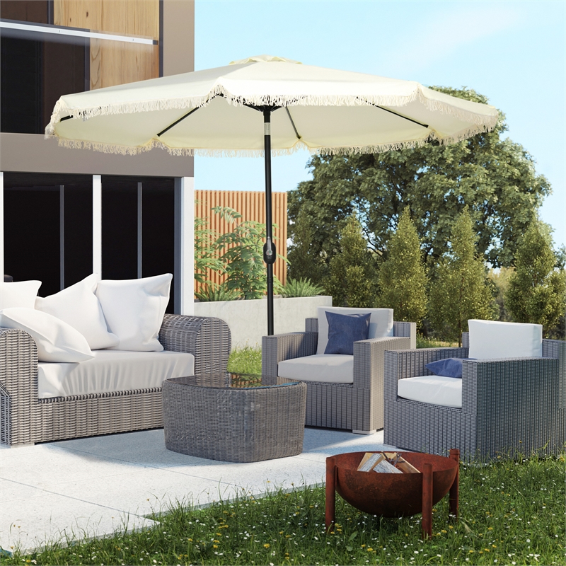 9ft Cream White Patio Umbrella with Tassels Tilt & Crank Polyester Canopy