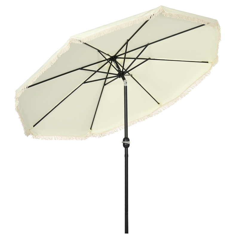 9ft Cream White Patio Umbrella with Tassels Tilt & Crank Polyester Canopy