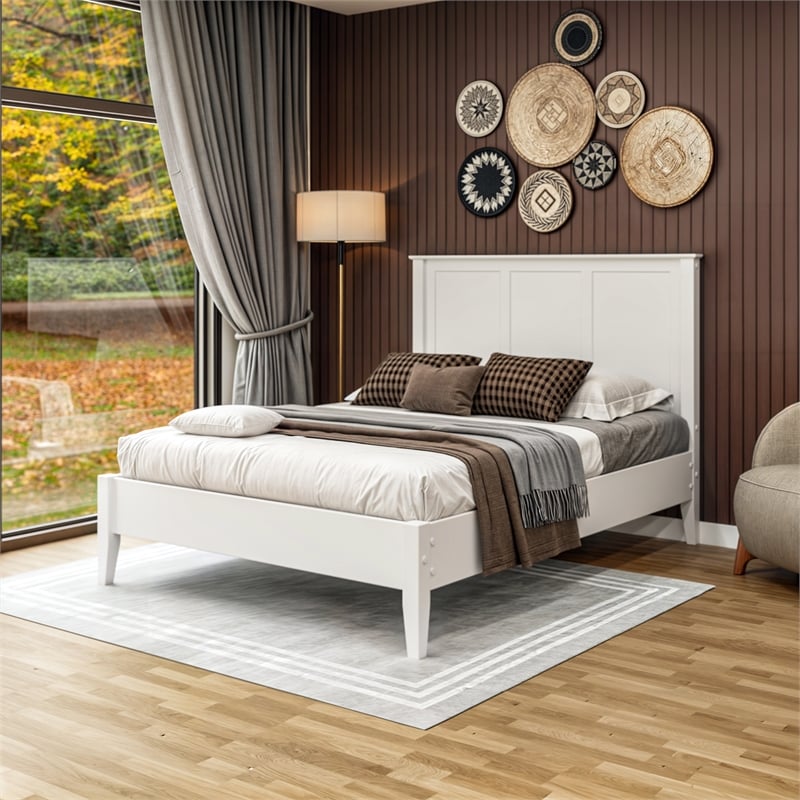 Camaflexi Shaker Style Panel Queen Size Bed Dual Height Slat Design White Finish