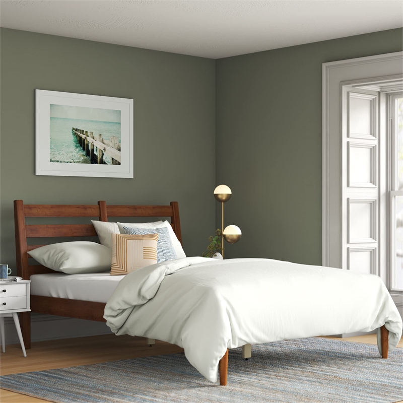 Camaflexi Mid-Century Solid Wood Slat Queen Bed in Castanho Brown