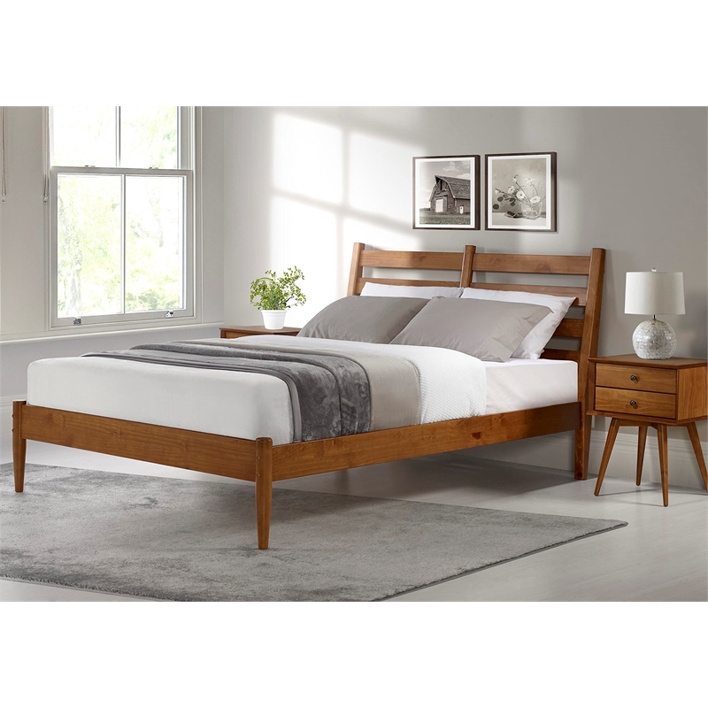 Camaflexi Mid-Century Solid Wood Slat Queen Bed in Castanho Brown