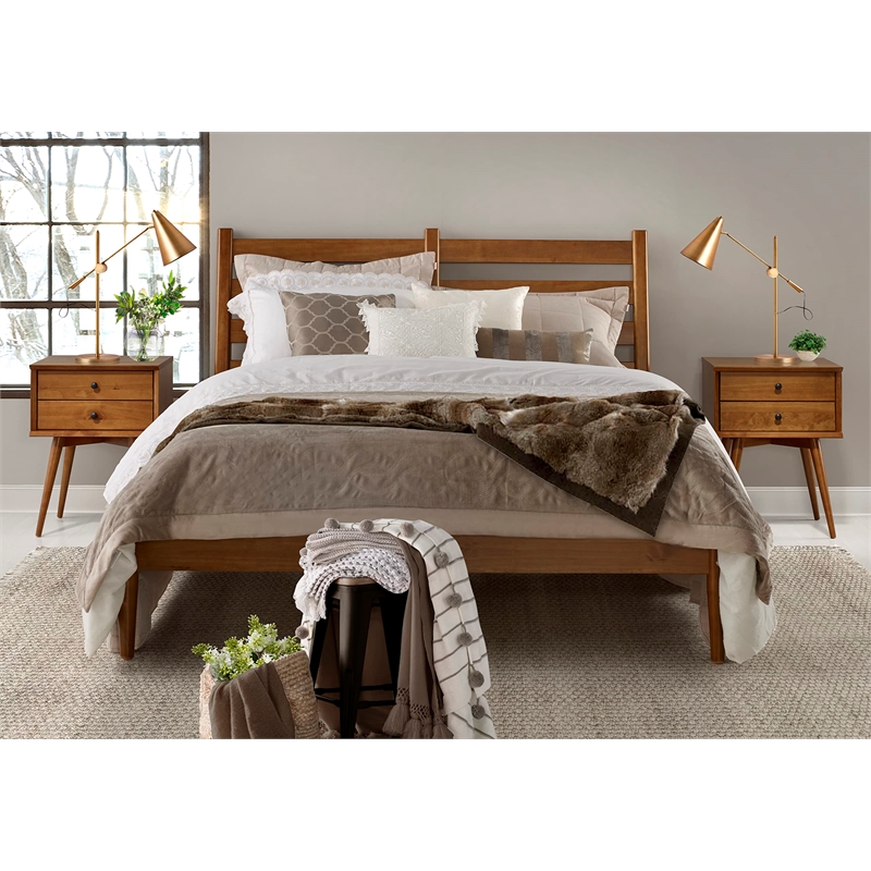 Camaflexi Mid-Century Solid Wood Slat Queen Bed in Castanho Brown
