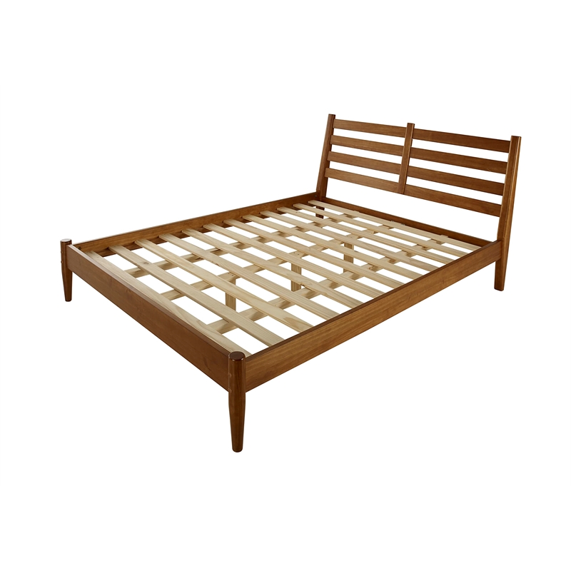 Camaflexi Mid-Century Solid Wood Slat Queen Bed in Castanho Brown