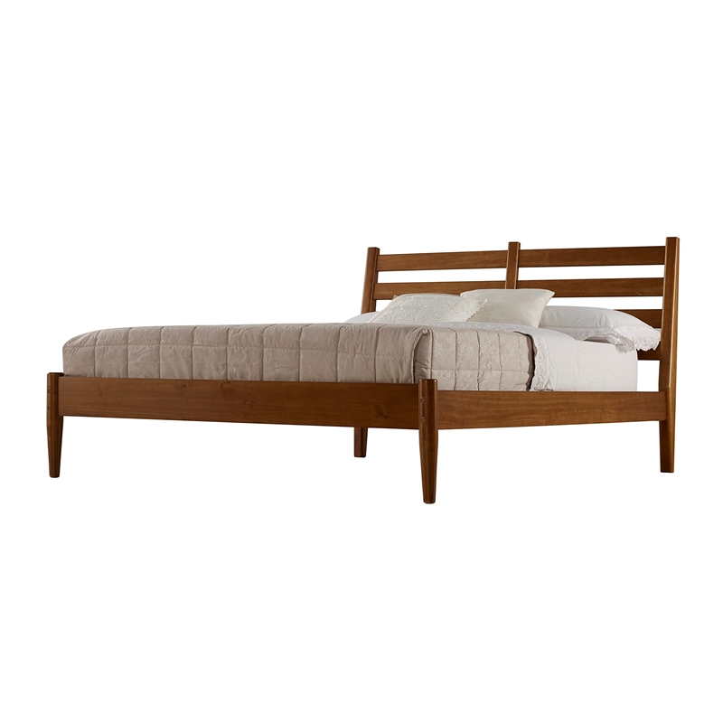 Camaflexi Mid-Century Solid Wood Slat Queen Bed in Castanho Brown