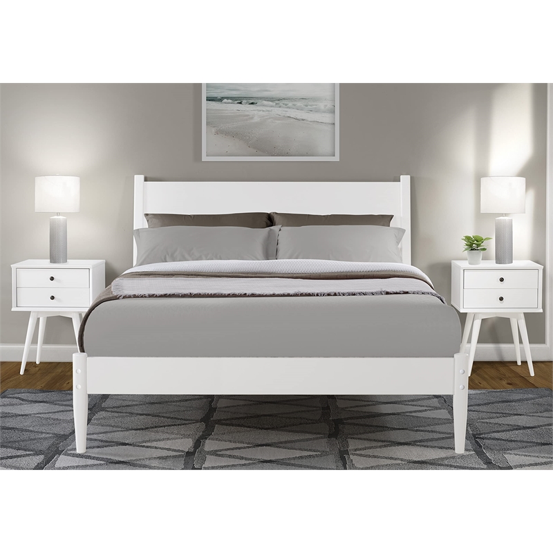 Camaflexi Mid-Century Solid Wood Queen Panel Bed in White