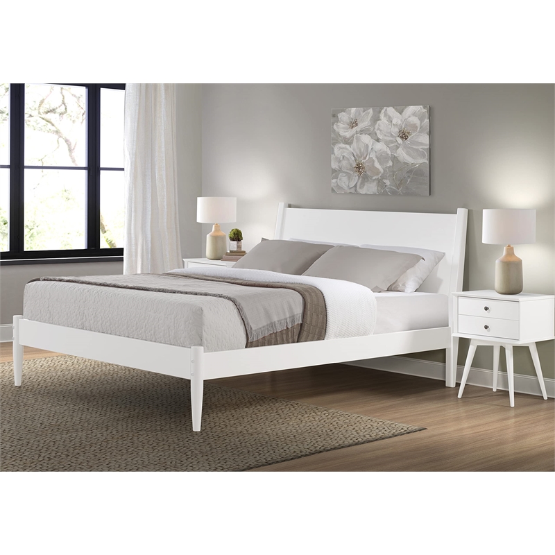 Camaflexi Mid-Century Solid Wood Queen Panel Bed in White